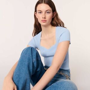 Maje Light Blue Ribbed Short Sleeve Top